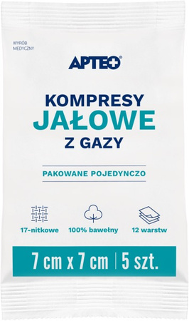 Kompresy jałowe z gazy 7 cm x 7 cm 5 sztuk APTEO