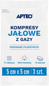 Kompresy jałowe z gazy 5 cm x 5 cm 3 sztuki APTEO