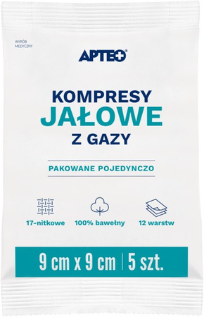 Kompresy jałowe z gazy 9 cm x 9 cm 5 sztuk APTEO