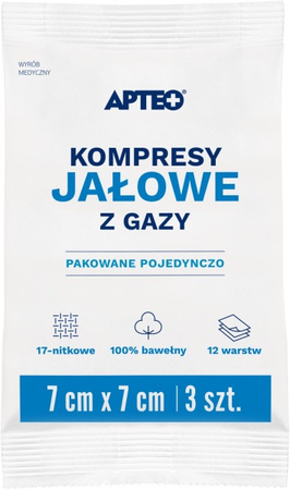 Kompresy jałowe z gazy  7 cm x 7 cm 3 sztuki APTEO