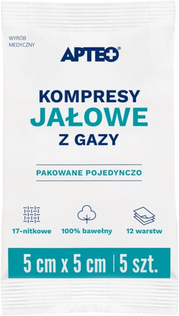 Kompresy jałowe z gazy 5 cm x 5 cm 5 sztuk APTEO