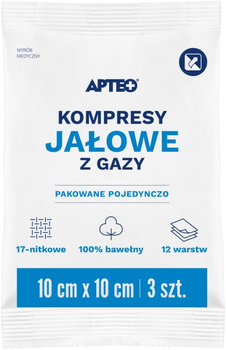 Kompresy jałowe z gazy 10 cm x10 cm 3 sztuki APTEO