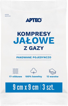 Kompresy jałowe z gazy 9 cm x 9 cm 3 sztuki APTEO